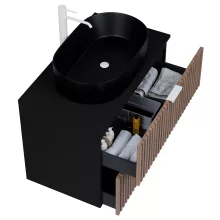 HD Rapallo Black-Oak 60 komplett fürdőszoba bútor fali mosdószekrénnyel, matt fehér fogantyúkkal, fekete mosdópulttal és tükörrel