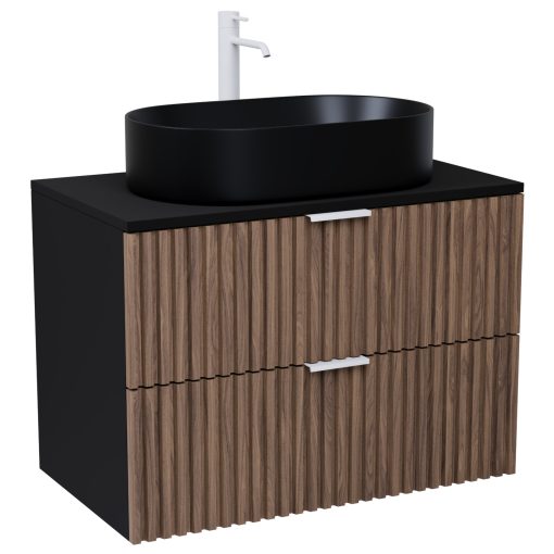 HD Rapallo Black-Oak 60 komplett fürdőszoba bútor szett fali mosdószekrénnyel, matt fehér fogantyúval, fekete mosdópulttal, tükörrel és magasszekrénnyel