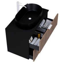 HD Rapallo Black-Oak 60 komplett fürdőszoba bútor szett fali mosdószekrénnyel, matt fehér fogantyúval, fekete mosdópulttal, tükörrel és magasszekrénnyel