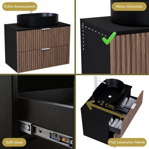 HD Rapallo Black-Oak 60 komplett fürdőszoba bútor szett fali mosdószekrénnyel, matt fehér fogantyúval, fekete mosdópulttal, tükörrel és magasszekrénnyel