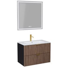 HD Ravello Black-Oak 60 komplett fürdőszoba bútor fali mosdószekrénnyel, szálcsiszolt arany fogantyúkkal, fényes fehér slim mosdóval és tükörrel