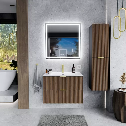 HD Ravello Black-Oak 60 komplett fürdőszoba bútor fali mosdószekrénnyel, szálcsiszolt arany fogantyúkkal, fényes fehér slim mosdóval és tükörrel