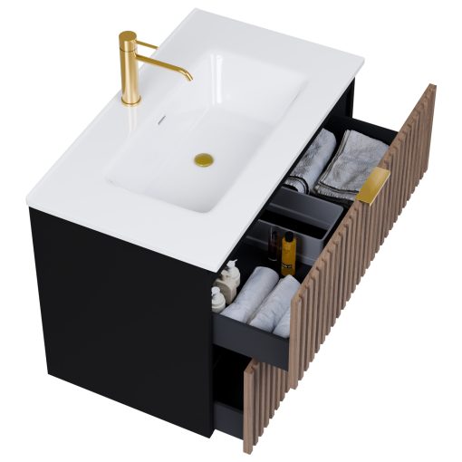 HD Ravello Black-Oak 60 komplett fürdőszoba bútor szett fali mosdószekrénnyel, szálcsiszolt arany fogantyúkkal, fényes fehér slim mosdóval, tükörrel és magasszekrénnyel