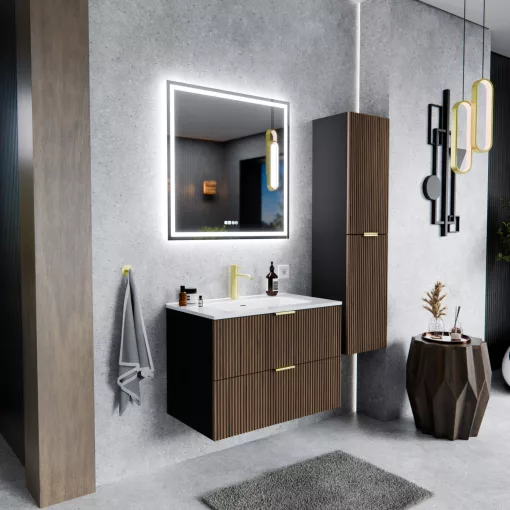 HD Ravello Black-Oak 60 komplett fürdőszoba bútor szett fali mosdószekrénnyel, szálcsiszolt arany fogantyúkkal, fényes fehér slim mosdóval, tükörrel és magasszekrénnyel