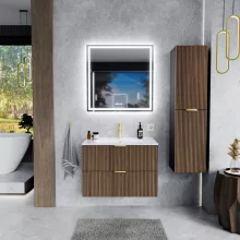 HD Ravello Black-Oak 60 komplett fürdőszoba bútor szett fali mosdószekrénnyel, szálcsiszolt arany fogantyúkkal, fényes fehér slim mosdóval, tükörrel és magasszekrénnyel