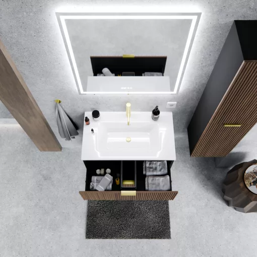 HD Ravello Black-Oak 60 komplett fürdőszoba bútor szett fali mosdószekrénnyel, szálcsiszolt arany fogantyúkkal, fényes fehér slim mosdóval, tükörrel és magasszekrénnyel