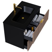 HD Ravello Black-Oak 60 komplett fürdőszoba bútor fali mosdószekrénnyel, szálcsiszolt arany fogantyúkkal, matt fekete slim mosdóval és tükörrel