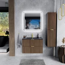 HD Ravello Black-Oak 60 komplett fürdőszoba bútor fali mosdószekrénnyel, szálcsiszolt arany fogantyúkkal, matt fekete slim mosdóval és tükörrel