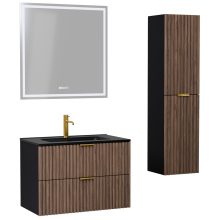 HD Ravello Black-Oak 60 komplett fürdőszoba bútor szett fali mosdószekrénnyel, szálcsiszolt arany fogantyúkkal, matt fekete slim mosdóval, tükörrel és magasszekrénnyel