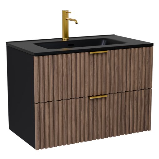 HD Ravello Black-Oak 60 komplett fürdőszoba bútor szett fali mosdószekrénnyel, szálcsiszolt arany fogantyúkkal, matt fekete slim mosdóval, tükörrel és magasszekrénnyel