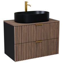 HD Rapallo Black-Oak 60 komplett fürdőszoba bútor fali mosdószekrénnyel, szálcsiszolt arany fogantyúkkal, tölgyfa színű mosdópulttal és tükörrel