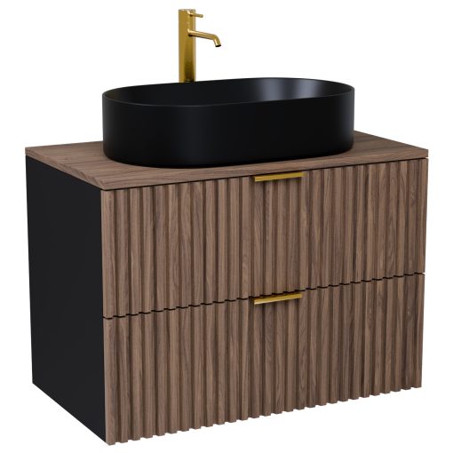 HD Rapallo Black-Oak 60 komplett fürdőszoba bútor szett fali mosdószekrénnyel, szálcsiszolt arany fogantyúval, tölgyfa színű mosdópulttal, tükörrel és magasszekrénnyel