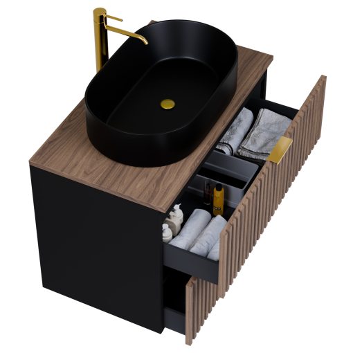 HD Rapallo Black-Oak 60 komplett fürdőszoba bútor szett fali mosdószekrénnyel, szálcsiszolt arany fogantyúval, tölgyfa színű mosdópulttal, tükörrel és magasszekrénnyel