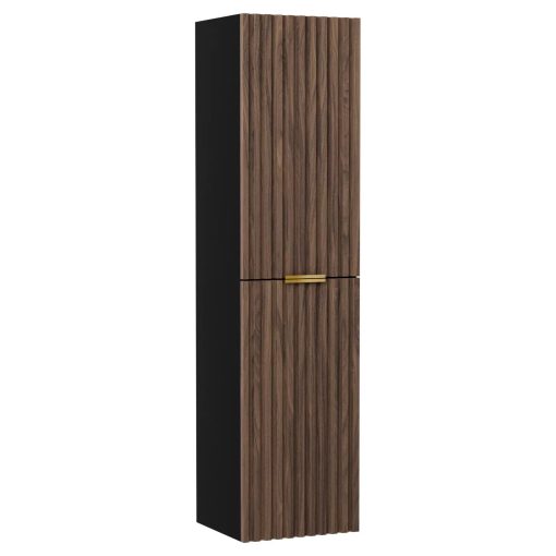 HD Rapallo Black-Oak 60 komplett fürdőszoba bútor szett fali mosdószekrénnyel, szálcsiszolt arany fogantyúval, tölgyfa színű mosdópulttal, tükörrel és magasszekrénnyel