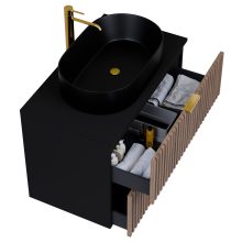 HD Rapallo Black-Oak 60 fali mosdószekrény matt fekete mosdópulttal és szálcsiszolt arany fogantyúkkal