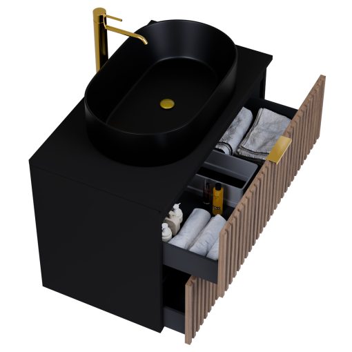 HD Rapallo Black-Oak 60 komplett fürdőszoba bútor fali mosdószekrénnyel, szálcsiszolt arany fogantyúkkal, fekete mosdópulttal és tükörrel