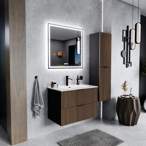 HD Ravello Black-Oak 60 komplett fürdőszoba bútor szett fali mosdószekrénnyel, matt fekete fogantyúkkal, fényes fehér slim mosdóval, tükörrel és magasszekrénnyel