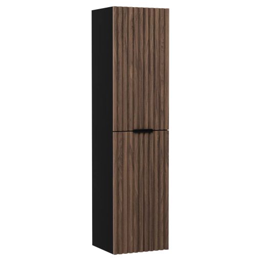 HD Ravello Black-Oak 60 komplett fürdőszoba bútor szett fali mosdószekrénnyel, matt fekete fogantyúkkal, fényes fehér slim mosdóval, tükörrel és magasszekrénnyel