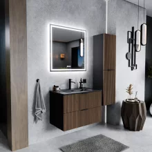 HD Ravello Black-Oak 60 komplett fürdőszoba bútor fali mosdószekrénnyel, matt fekete fogantyúkkal, matt fekete slim mosdóval és tükörrel