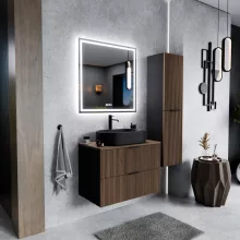 HD Rapallo Black-Oak 60 fali mosdószekrény tölgyfa színű mosdópulttal és matt fekete fogantyúkkal
