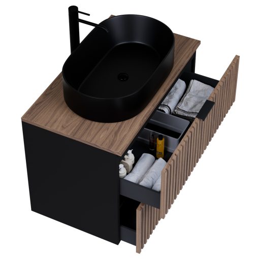 HD Rapallo Black-Oak 60 komplett fürdőszoba bútor fali mosdószekrénnyel, matt fekete fogantyúkkal, tölgyfa színű mosdópulttal és tükörrel