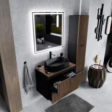 HD Rapallo Black-Oak 60 komplett fürdőszoba bútor szett fali mosdószekrénnyel, matt fekete fogantyúval, tölgyfa színű mosdópulttal, tükörrel és magasszekrénnyel