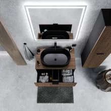 HD Rapallo Black-Oak 60 komplett fürdőszoba bútor szett fali mosdószekrénnyel, matt fekete fogantyúval, tölgyfa színű mosdópulttal, tükörrel és magasszekrénnyel