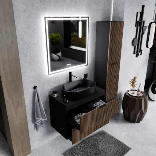 HD Rapallo Black-Oak 60/80 fali mosdószekrény matt fekete mosdópulttal és matt fekete fogantyúkkal