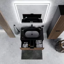 HD Rapallo Black-Oak 60/80 fali mosdószekrény matt fekete mosdópulttal és matt fekete fogantyúkkal