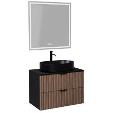 HD Rapallo Black-Oak 60/80 komplett fürdőszoba bútor fali mosdószekrénnyel, matt fekete fogantyúkkal, fekete mosdópulttal és tükörrel