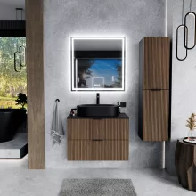 HD Rapallo Black-Oak 60/80 komplett fürdőszoba bútor fali mosdószekrénnyel, matt fekete fogantyúkkal, fekete mosdópulttal és tükörrel