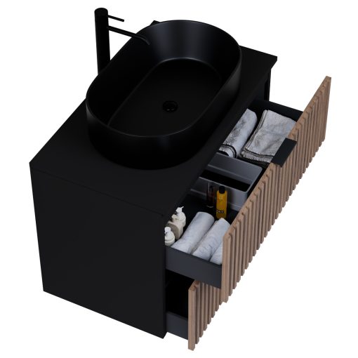 HD Rapallo Black-Oak 60/80 komplett fürdőszoba bútor szett fali mosdószekrénnyel, matt fekete fogantyúval, fekete mosdópulttal, tükörrel és magasszekrénnyel