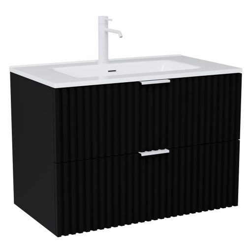 HD Ravello Matt Black 60 fali mosdószekrény matt fehér fogantyúkkal és fényes fehér slim mosdóval