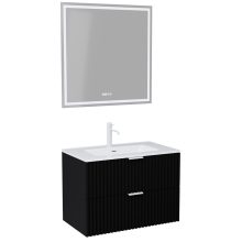 HD Ravello Matt Black 60 komplett fürdőszoba bútor fali mosdószekrénnyel, matt fehér fogantyúkkal, fényes fehér slim mosdóval és tükörrel