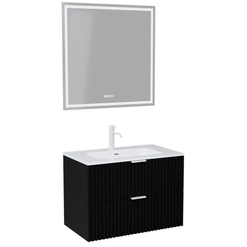 HD Ravello Matt Black 60 komplett fürdőszoba bútor fali mosdószekrénnyel, matt fehér fogantyúkkal, fényes fehér slim mosdóval és tükörrel