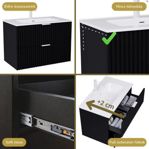 HD Ravello Matt Black 60 komplett fürdőszoba bútor fali mosdószekrénnyel, matt fehér fogantyúkkal, fényes fehér slim mosdóval és tükörrel