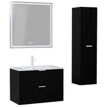 HD Ravello Matt Black 60 komplett fürdőszoba bútor szett fali mosdószekrénnyel, matt fehér fogantyúkkal, fényes fehér slim mosdóval, tükörrel és magasszekrénnyel