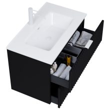 HD Ravello Matt Black 60 komplett fürdőszoba bútor szett fali mosdószekrénnyel, matt fehér fogantyúkkal, fényes fehér slim mosdóval, tükörrel és magasszekrénnyel