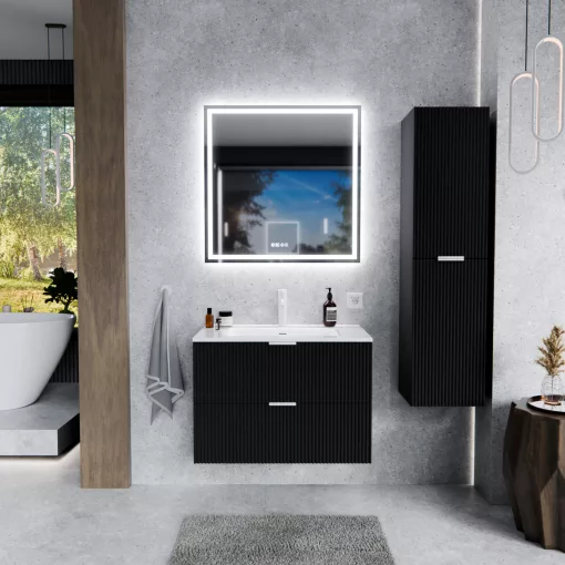 HD Ravello Matt Black 60 komplett fürdőszoba bútor szett fali mosdószekrénnyel, matt fehér fogantyúkkal, fényes fehér slim mosdóval, tükörrel és magasszekrénnyel