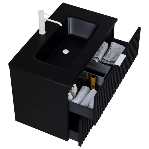 HD Ravello Matt Black 60 fali mosdószekrény matt fehér fogantyúkkal és matt fekete slim mosdóval