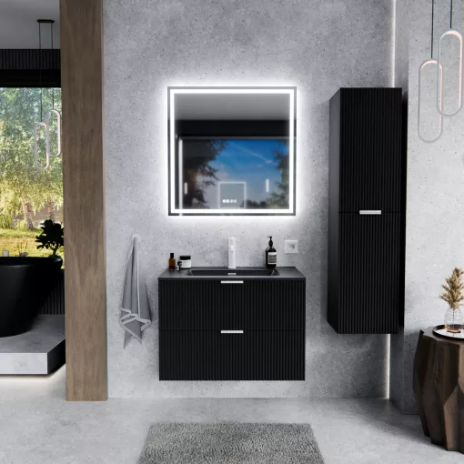HD Ravello Matt Black 60 fali mosdószekrény matt fehér fogantyúkkal és matt fekete slim mosdóval