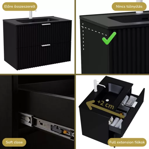 HD Ravello Matt Black 60 fali mosdószekrény matt fehér fogantyúkkal és matt fekete slim mosdóval