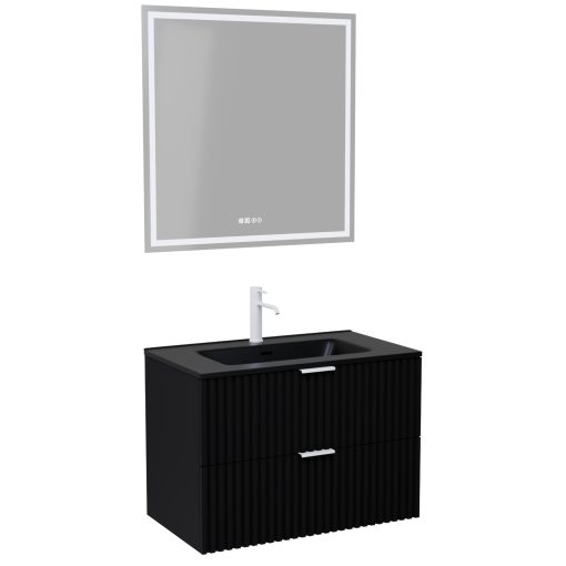 HD Ravello Matt Black 60 komplett fürdőszoba bútor fali mosdószekrénnyel, matt fehér fogantyúkkal, matt fekete slim mosdóval és tükörrel