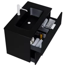 HD Ravello Matt Black 60 komplett fürdőszoba bútor fali mosdószekrénnyel, matt fehér fogantyúkkal, matt fekete slim mosdóval és tükörrel
