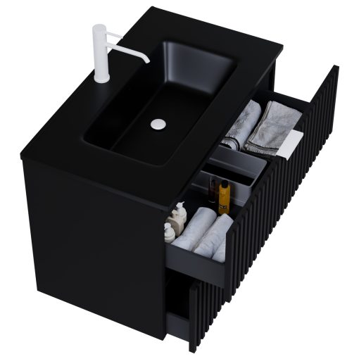 HD Ravello Matt Black 60 komplett fürdőszoba bútor fali mosdószekrénnyel, matt fehér fogantyúkkal, matt fekete slim mosdóval és tükörrel