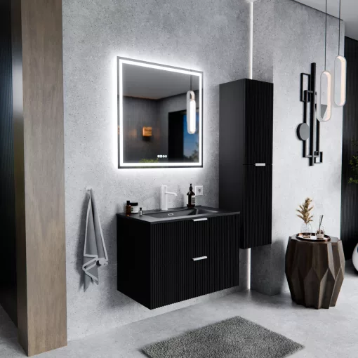 HD Ravello Matt Black 60 komplett fürdőszoba bútor fali mosdószekrénnyel, matt fehér fogantyúkkal, matt fekete slim mosdóval és tükörrel