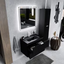 HD Ravello Matt Black 60 komplett fürdőszoba bútor fali mosdószekrénnyel, matt fehér fogantyúkkal, matt fekete slim mosdóval és tükörrel