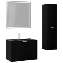 HD Ravello Matt Black 60 komplett fürdőszoba bútor szett fali mosdószekrénnyel, matt fehér fogantyúkkal, matt fekete slim mosdóval, tükörrel és magasszekrénnyel