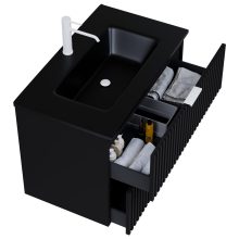 HD Ravello Matt Black 60 komplett fürdőszoba bútor szett fali mosdószekrénnyel, matt fehér fogantyúkkal, matt fekete slim mosdóval, tükörrel és magasszekrénnyel