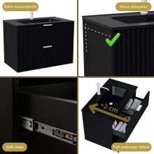 HD Ravello Matt Black 60 komplett fürdőszoba bútor szett fali mosdószekrénnyel, matt fehér fogantyúkkal, matt fekete slim mosdóval, tükörrel és magasszekrénnyel